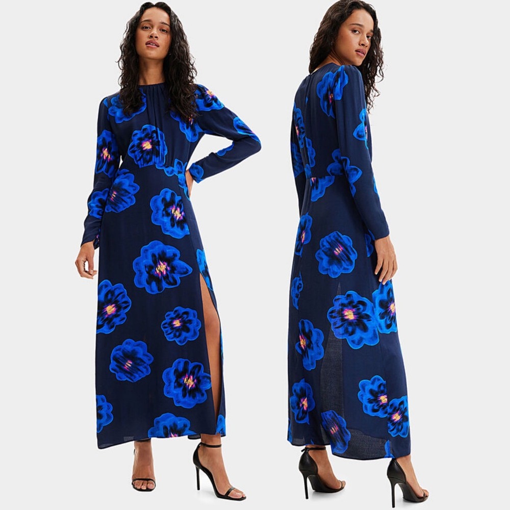 Desigual Blue Floral Long Sleeve Maxi Dress Womens Size XL Slit Viscose Boho Art